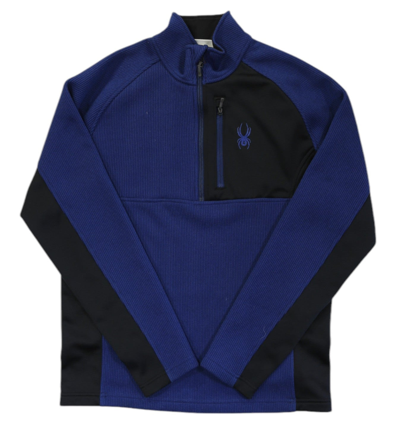 Men's half-zip pullover with blue sleeves, black side panels, and black chest zipper