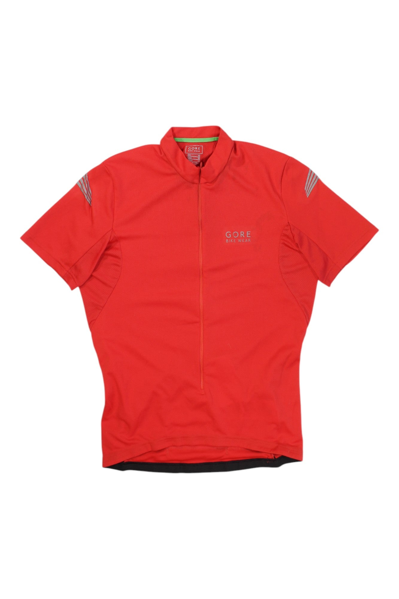 The GOREWEAR CYCLING JERSEY is a bright red men's jersey featuring a front zipper, breathable fabric, reflective shoulder stripes, and the GORE BIKE WEAR logo on the left chest.
