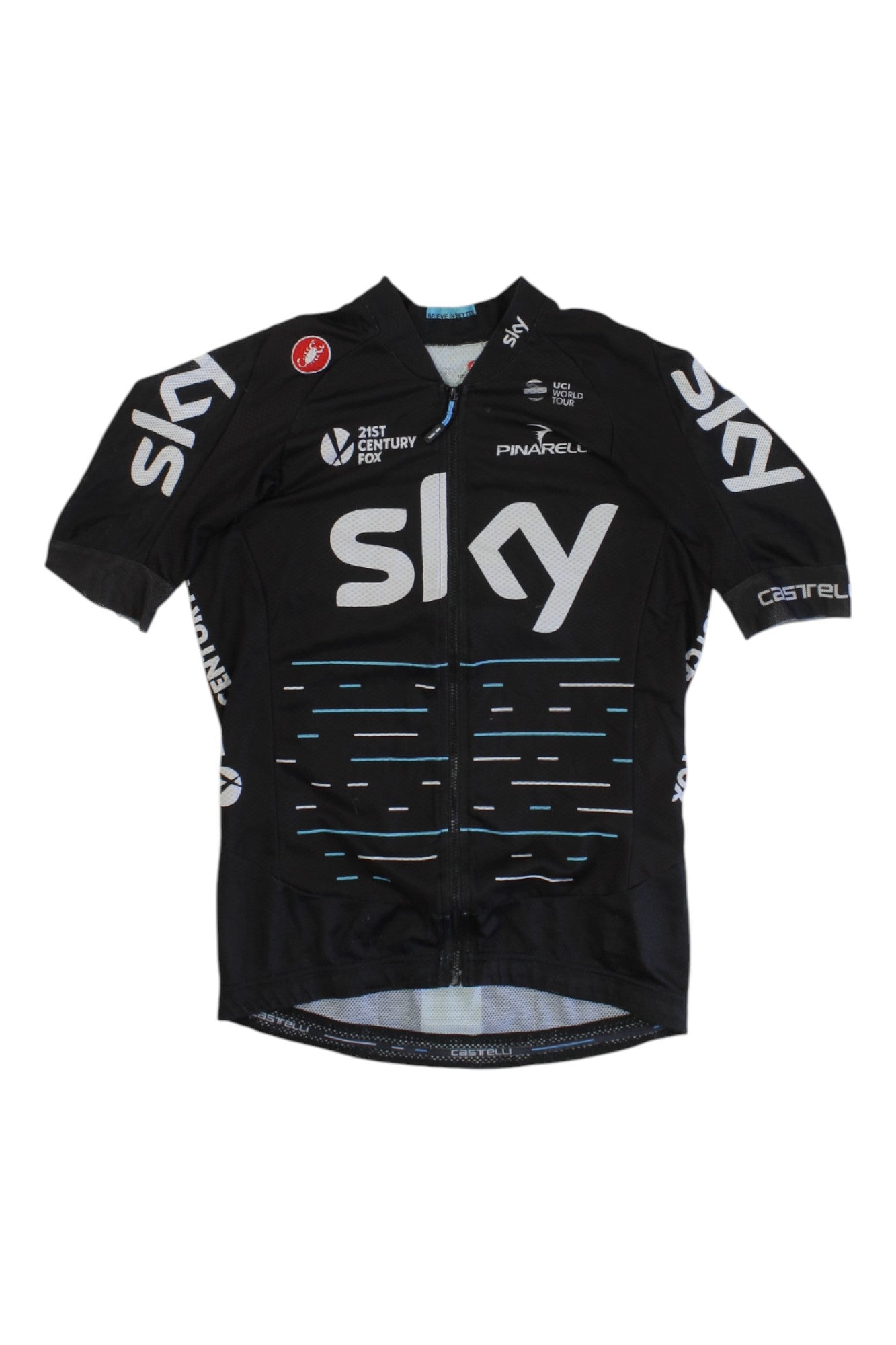 Aero Race 5.1 Jersey in black with white Sky logos, blue and white front stripes, and sponsor details, laid flat on a white background. This aerodynamic cycling jersey offers moisture-wicking comfort.