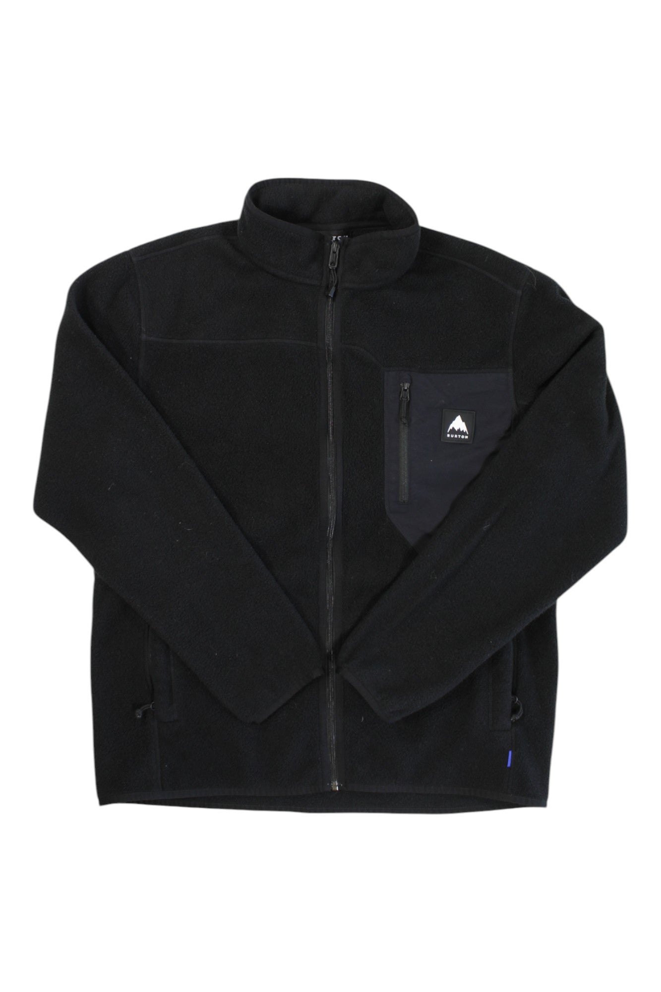 The Burton Mens Cinder Full Zip Fleece Jacket is a black, soft recycled polar fleece with a high collar, zippered chest pocket featuring a mountain logo patch, and two zippered side pockets—perfect for hiking.