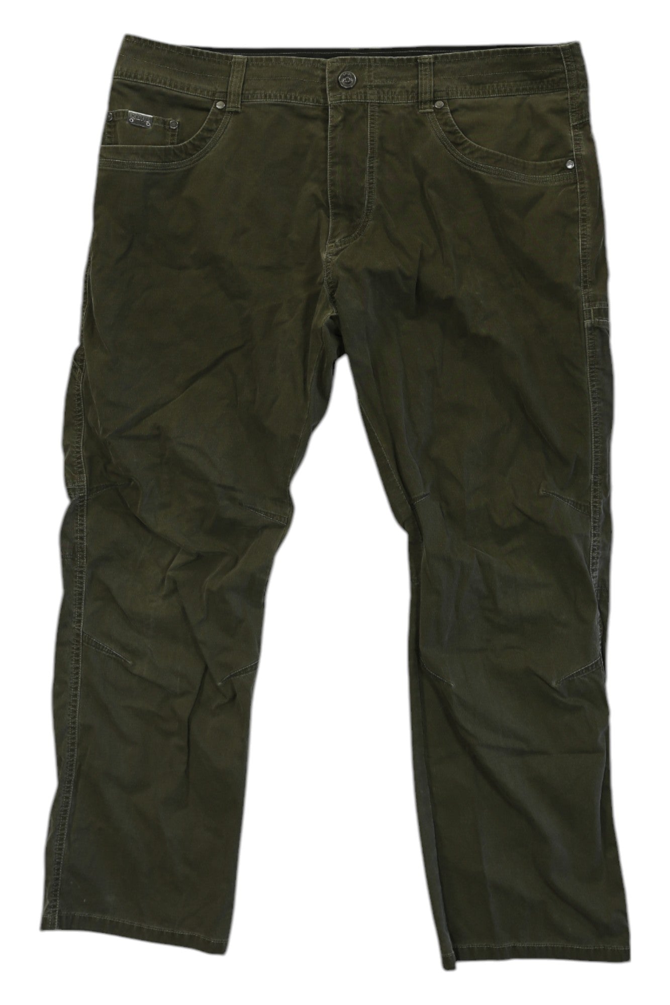 A pair of Kuhl Mens Revolvr Rogue Pants in olive green, featuring lightweight fabric, front pockets, visible stitching, and a button closure, shown laid flat on a white background.