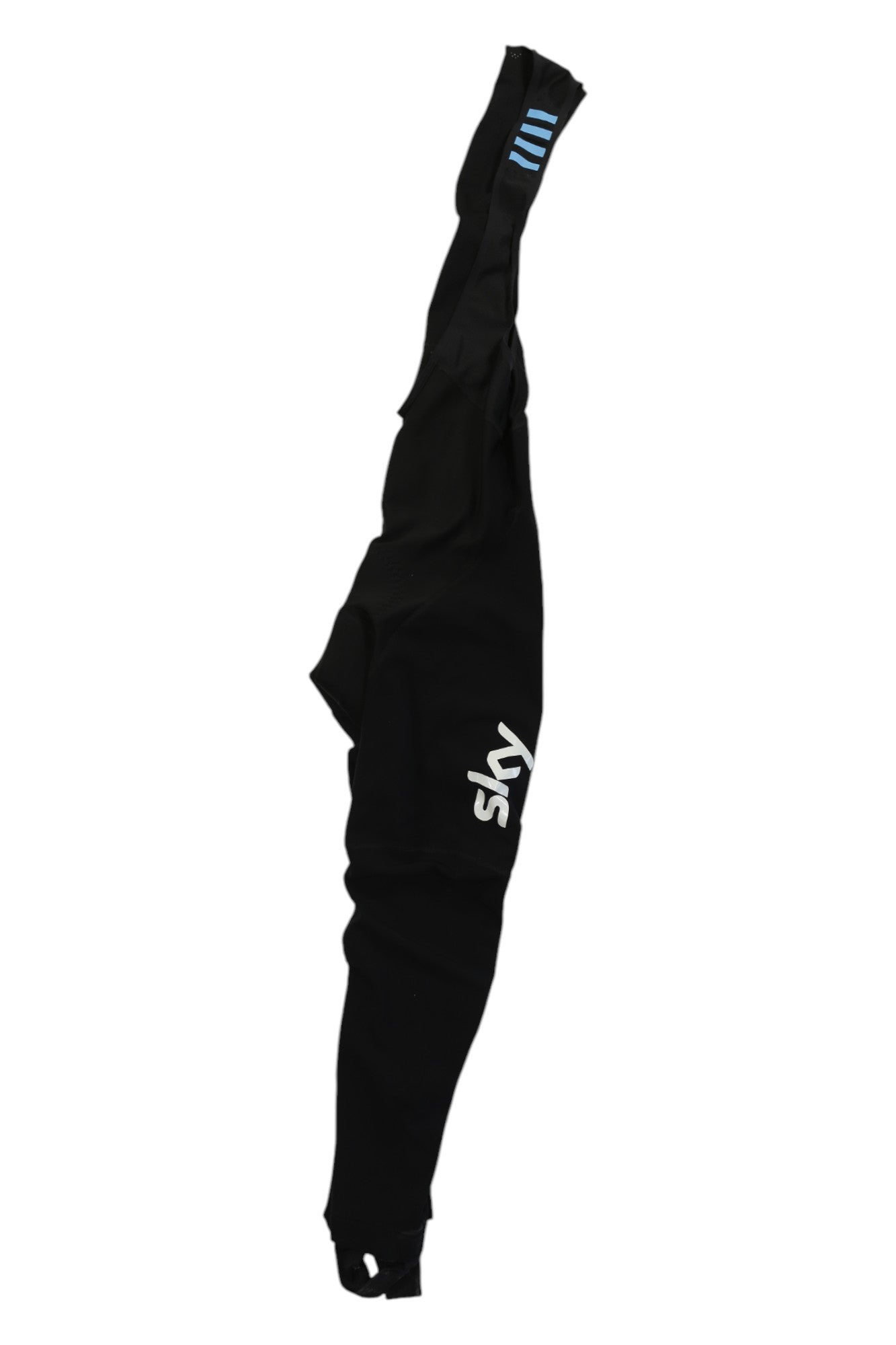 A single black cycling leg warmer emblazoned with the word SKY and three blue stripes on the top band is laid flat on a white background—an ideal complement to Rapha mens Pro Team Winter Tights with Pad II.