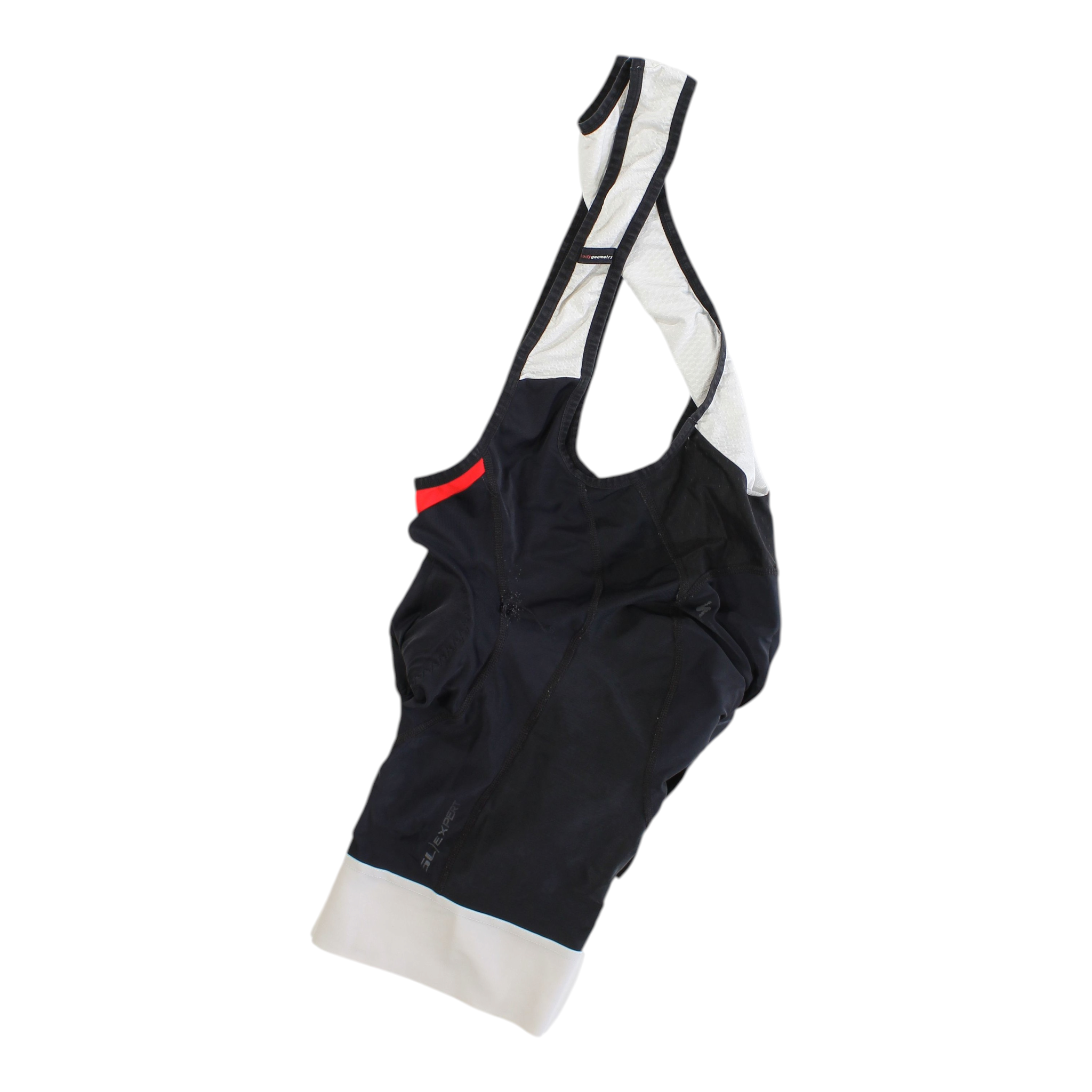 Mens black cycling bib shorts with white panels and small red accent