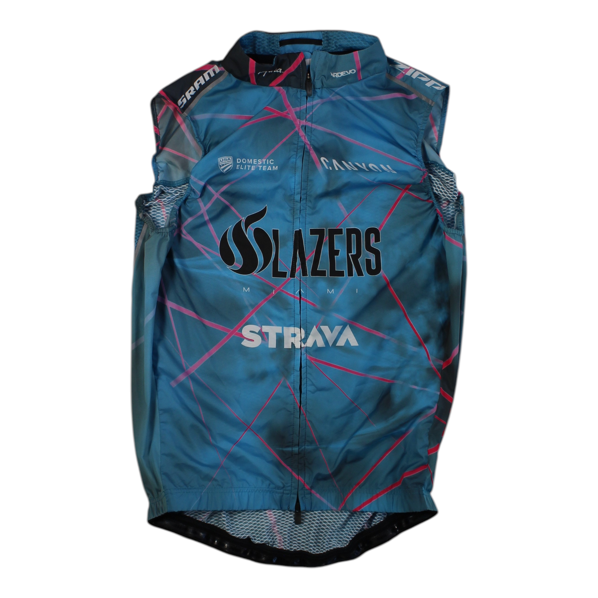 Blue cycling gilet with red geometric lines and large front graphic