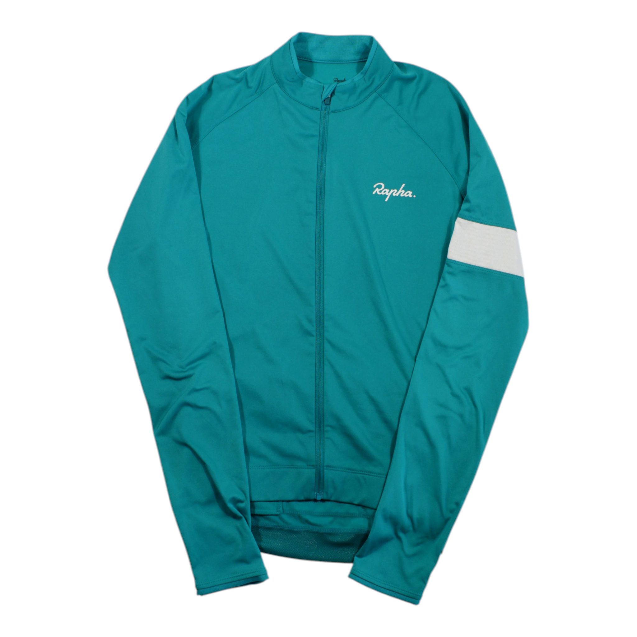 Teal men’s long-sleeve cycling jersey, full-zip with white sleeve stripe and chest logo