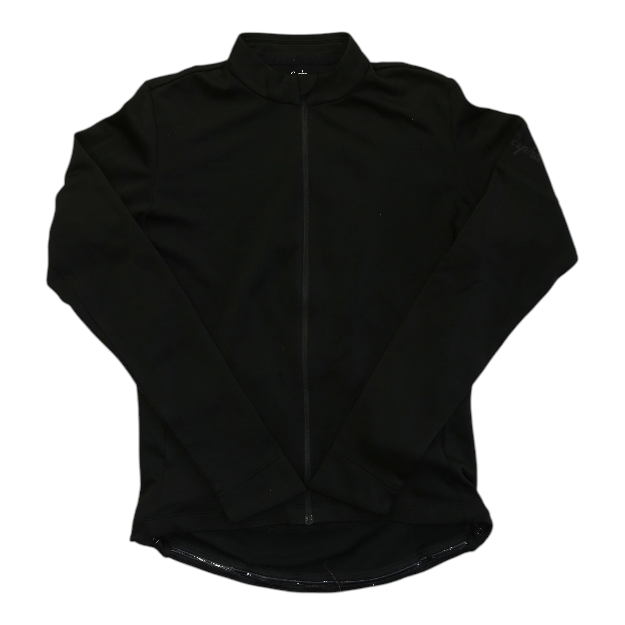 Long-sleeve cycling jersey with full front zipper and stand collar, dark black