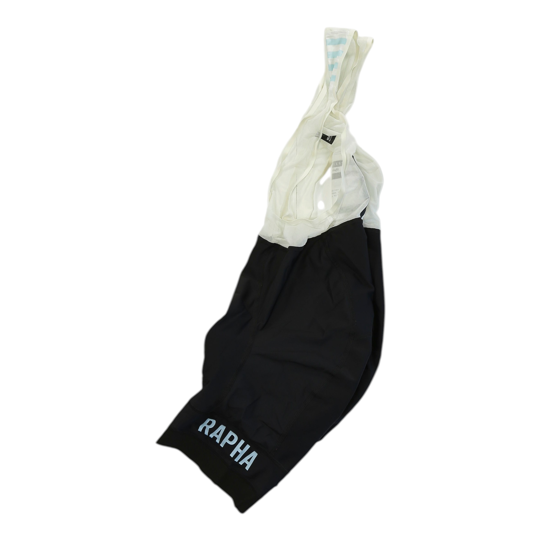 Cycling bib shorts, light bib with black shorts and white RAPHA logo