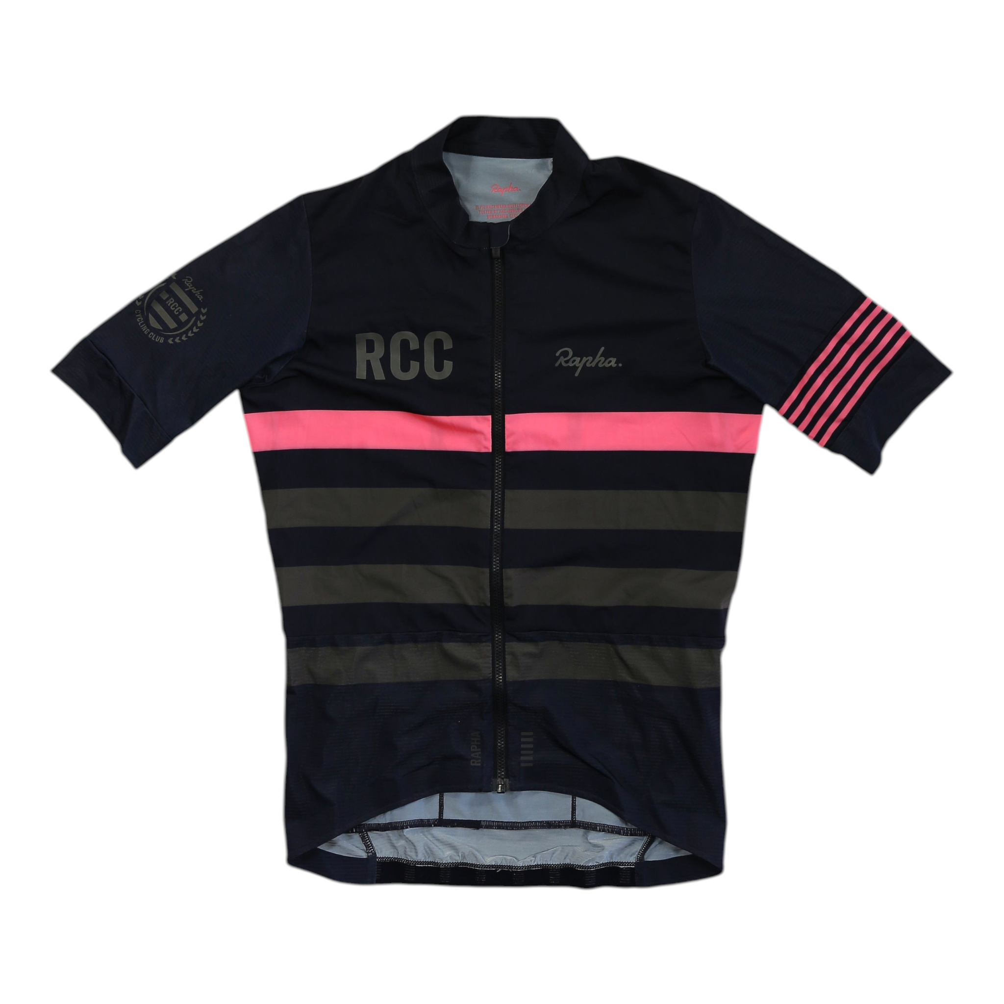 Men's Rapha cycling jersey, black with red-pink center stripe and front zipper