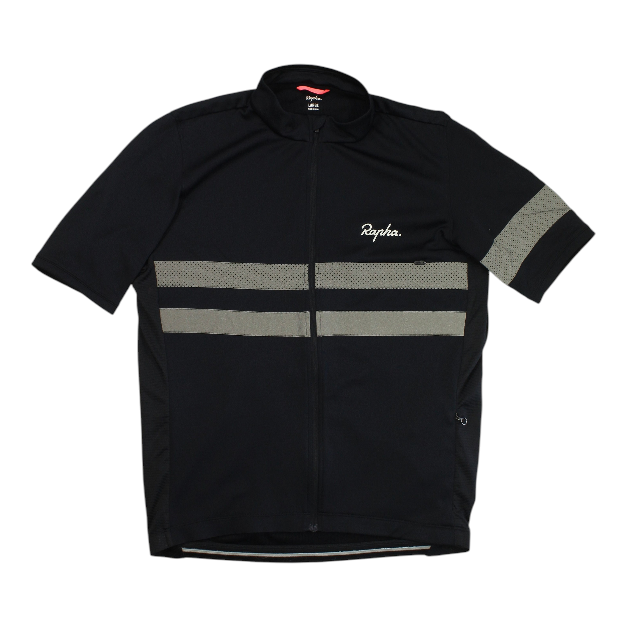 Black short-sleeve cycling jersey, full-zip front, gray reflective stripe across chest.