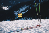 Skis and poles in the snow