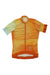 The Rapha Tunnel Vision Womens PT Training Jersey is a short-sleeved, breathable cycling jersey with a front zipper and orange, yellow, and light blue geometric designs on white—ideal for training rides.
