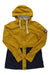 The NORTH FACE WOMENS RIDGESIDE UTILITY JACKET is a yellow and navy utility jacket with white drawstrings, snap buttons, front pockets, and a small logo patch on the left sleeve—ideal for casual or outdoor wear.