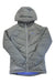 The Outdoor Research Women's Alpine Down Hooded Jacket, shown in gray with insulation, a front zipper, chest pocket, and quilted pattern, is laid flat on a white background.