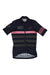 The Rapha RCC Womens Pro Team Jersey is a short-sleeved, dark navy jersey with a pro fit, horizontal pink and gray stripes, RCC lettering on the left chest, and branded details plus stripes on the right sleeve.