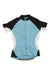 The Pearl Izumi Women's Symphony Cycling Jersey is a short-sleeve top featuring UPF 50+, a full front zipper, light blue panels front and back, black sleeves and sides, plus white side stripes for style and sun protection.