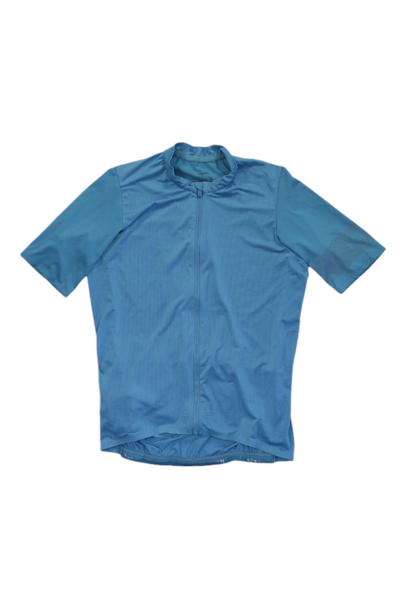 The Rapha Mens Pro Team Lightweight Jersey, short-sleeved and light blue with a front zipper for excellent moisture management, is displayed laid flat on a white background.