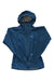 A blue REI Womens Rhyolite Rain Jacket, lightweight and breathable with a front zipper, two zippered chest pockets, and the REI logo on the left chest, is shown laid flat with sleeves crossed at the bottom.