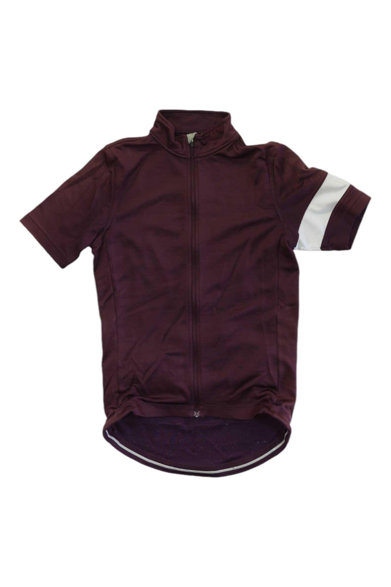 The Rapha Mens Classic Jersey is a short-sleeved, dark purple cycling jersey in premium merino wool, with a full front zipper and a single white stripe on the left sleeve, shown on a white background—ideal for cyclists.