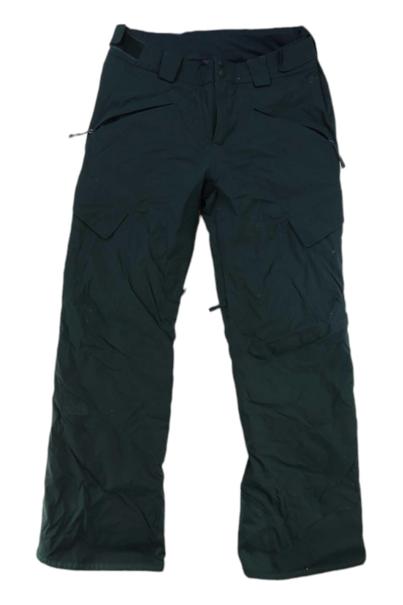 The North Face Women’s Freedom Insulated Pant in black features a straight-leg fit, multiple pockets, belt loops, and a button waist—waterproof and breathable for any adventure, shown laid flat on a white background.