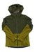 The Outdoor Research Womens Carbide Jacket, a two-tone green ski shell with hood, front zipper, zippered chest pocket, and adjustable cuffs, is displayed flat on a white background.