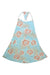 The Womens Edisto Dress, a light blue halter style with pink and white floral patterns and green leaves, is displayed flat on a white background.