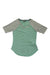 The Women's Polyester Short Sleeve Active Top features light gray raglan sleeves, a light green body, and a small left chest pocket. Its breathable design ensures comfort year-round. Shown laid flat on a white background.