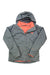 A gray Women's Glacier Triclimate Jacket from The North Face with an orange inner lining is laid flat to show the front and hood—ideal for outdoor adventures.