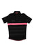The RCC Short Sleeve Jersey is a black, short-sleeved cycling jersey featuring horizontal dark stripes, pink chest and waist bands, a short front zipper, and Rapha Cycling Club logos for true performance.