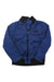 The North Face Boys Casual Bomber Jacket is blue with black cuffs, collar, and waistband. This lightweight kids' jacket features a front zipper and logo on the left chest, combining style and comfort for everyday wear.