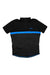 The Rapha Mens Classic Jersey is a short-sleeved black cycling top with a blue horizontal stripe, a small Rapha logo on the left, a short zip at the collar, and is made from soft merino wool for comfort and performance.