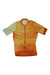 The Rapha Womens Tunnel Vision PT Training Jersey is a short-sleeved, breathable cycling jersey featuring a front zipper, mainly orange geometric patterns, and a light green left sleeve—ideal for stylish comfort on every ride.