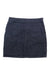 The Prana Womens Stretch Denim Skirt, shown flat on a white background, features dark stretch denim, two large front pockets, and a side zipper—ideal for outdoor adventures.