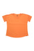 The REI Womens Sahara T-Shirt in orange, featuring a relaxed fit and round neckline, is shown laid flat on a white background. Its quick-drying fabric and UPF 30 protection make it ideal for outdoor adventures.