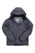 Salomon Men's Advanced Skin Ski Jacket in gray with a hood, Primaloft insulation, front zipper, long sleeves, and chest pocket. Wind-resistant design features a visible inside collar label. Displayed flat on a white background.