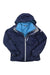 A navy blue Women's Cheakamus Triclimate 3-in-1 Insulated Jacket with a light blue inner lining, shown flat on a white background with the front zipper partially open to reveal the insulated layer inside.