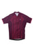 The Velocio Womens Cycling Print Jersey features maroon short sleeves, vertical red stripes, a short collar zipper, and a white left chest logo. Its breathable fabric ensures you stay cool and comfortable during every ride.