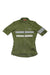 The Rapha Womens Brevet Jersey in olive green features a front zipper, two silver reflective chest stripes, and a small Rapha logo. This fitted merino cycling jersey offers comfort and visibility for long-distance rides.