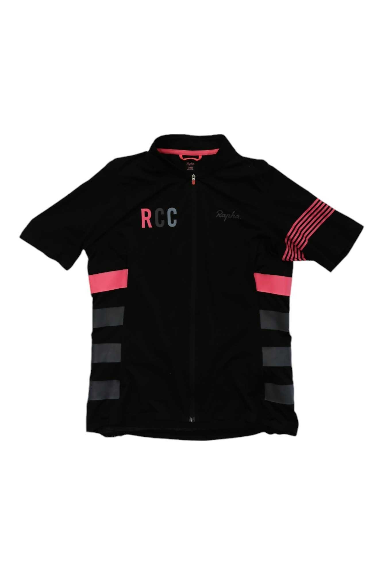 The Rapha Womens Classic Flyweight Jersey is a black, lightweight cycling jersey for women with pink and grey stripes on the sleeves and sides, RCC lettering on the left chest, and a front zipper.