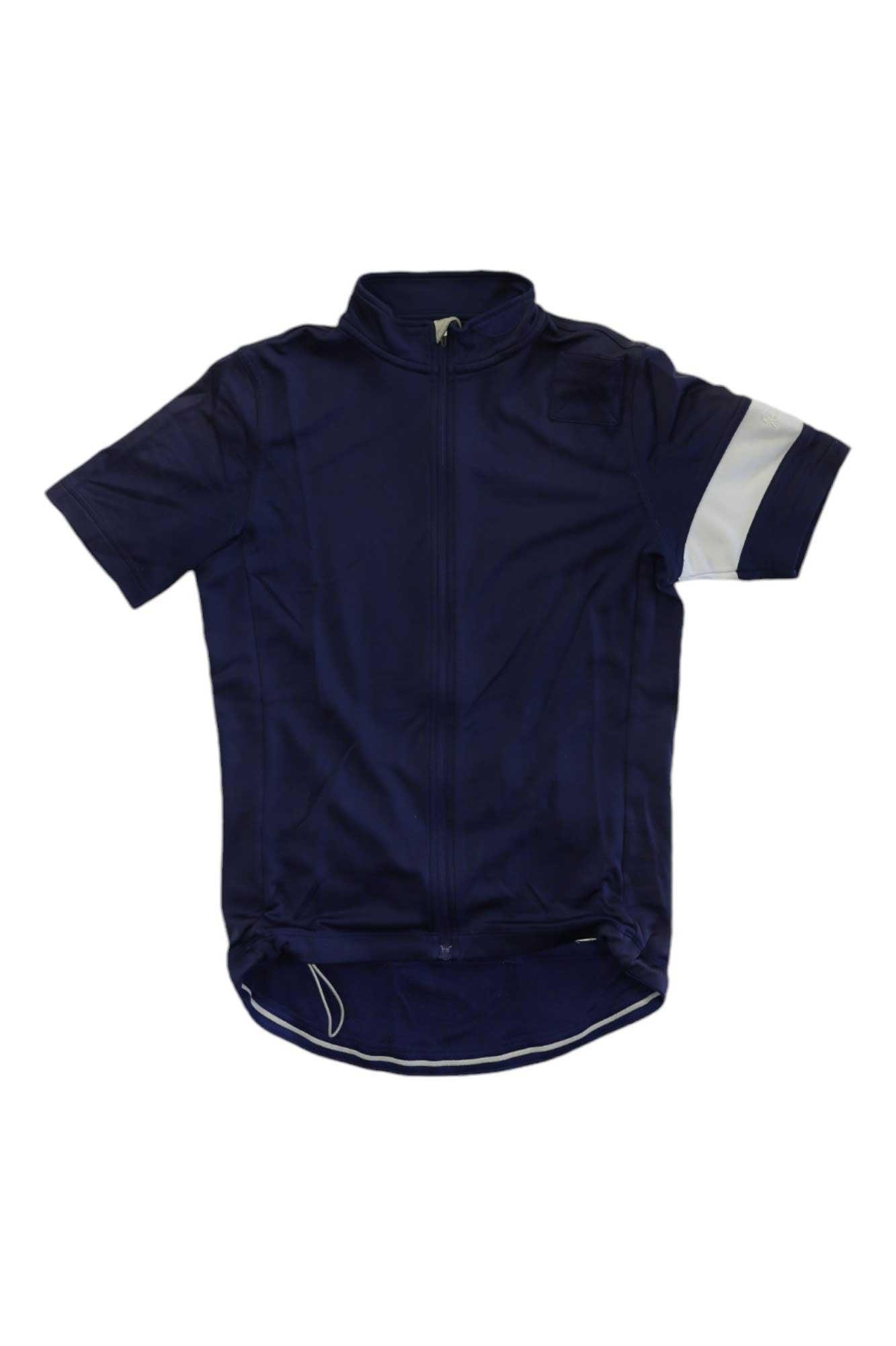A navy blue Rapha Mens Classic Jersey with short sleeves, full front zipper, and a white stripe on the left sleeve is laid flat on a white background—a timeless cycling apparel piece.