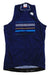 The DIVA WOMENS SLEEVELESS JERSEY features a front zipper, horizontal stripes in white, blue, green, and yellow across the chest, and a small white logo on the left shoulder for style and breathability.