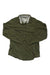 An REI Womens Sahara Button-Up Long-Sleeve Shirt in olive green is laid flat on a white background, showing its collar, buttoned cuffs, moisture-wicking polyester fabric, and an inner collar tag.