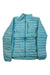 The Women's Ultralight Down Jacket in light blue features a high collar, long sleeves, and three zippered pockets (two side, one chest), shown laid flat on a white background—ideal for chilly days.