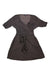 The Toad & Co Womens Cue Wrap SS Dress, in dark brown organic cotton with short sleeves, a V-neckline, and matching fabric belt, is shown laid flat on a white background.