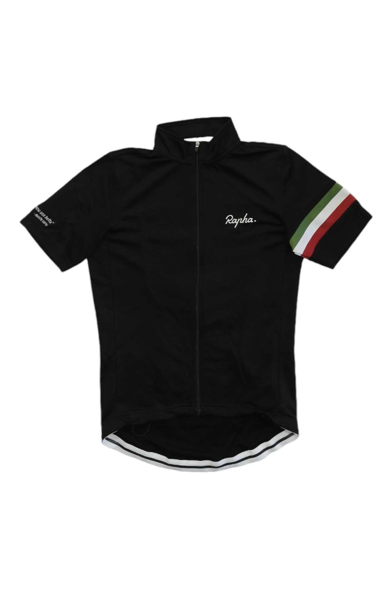 The Rapha Classic Country Jersey is a black short-sleeve cycling top with a front zipper, chest logo, and red, white, and green stripes on the left sleeve—Netherlands inspired.