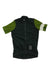 The Rapha Women's Pro Team Training Jersey features short sleeves, a black body, dark green sleeves with a white stripe on the left, front zipper, and striped patch near the hem—an eco-friendly choice for cycling enthusiasts.