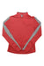 The Pearl Izumi Women's Cycling Pullover is a red, long-sleeve top with light gray stripes from shoulders to sleeves, featuring a short zip-up collar and moisture-wicking, wind-resistant fabric.