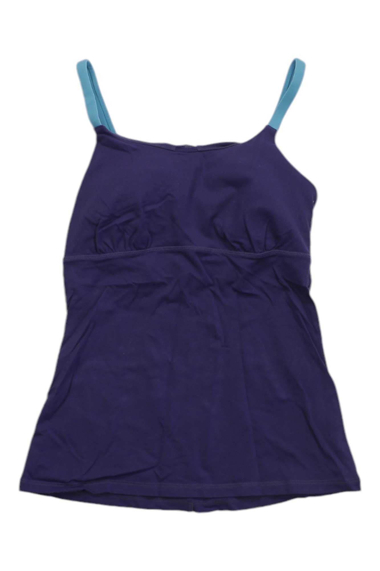 The PRANA WOMENS NIXI TOP is a sleeveless dark purple yoga top with light blue adjustable spaghetti straps, shown laid flat on a white background.
