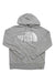 The North Face Womens Half Dome Pullover Hoodie in light gray features a hood, drawstrings, front pouch pocket, and a large white logo across the chest, shown on a white background.