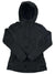 A black Womens Ascendyr Fleece Hoodie with a zip-up front, drawstring hood, long sleeves, and visible seam details is laid flat on a white background.