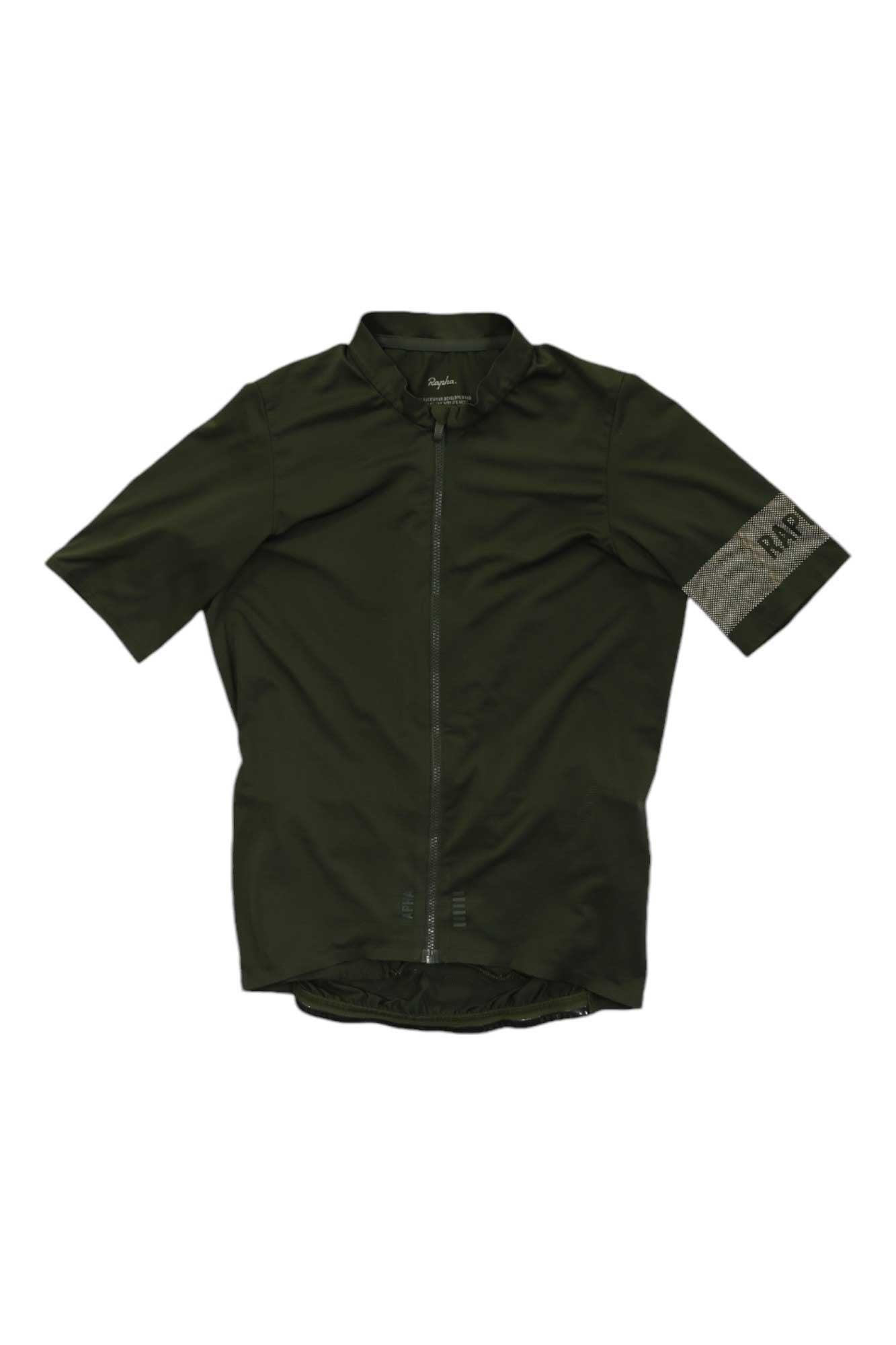 The Rapha Men's Pro Team Lightweight Jersey is a short-sleeve, dark green cycling jersey with a full front zipper and a light gray RAPHA-branded sleeve band, designed for optimal moisture management on every ride.